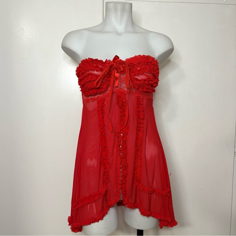Red Split Front Babydoll Ruffled Mesh Halter Lingerie - Picture 7 of 7